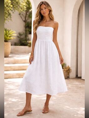 Anthropologie Charlie Holiday White Cotton Gauze Strapless Midi Dress Size 6 NWT